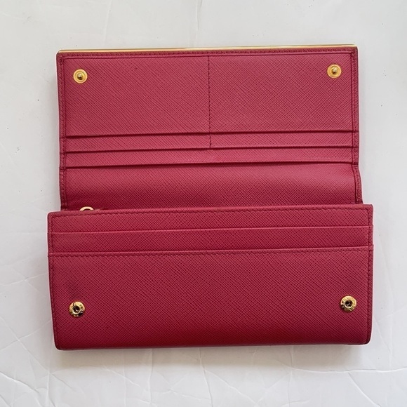 Prada Coral pink/ Peonia gold trim Saffiano leather long wallet - Picture 8 of 13
